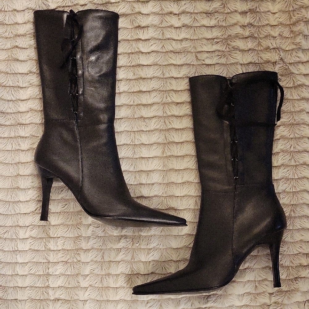 Diba Black Leather Heeled Boots